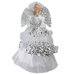 Northlight 16" White and Silver Lighted Fiber Optic Angel Sequined Gown Christmas Tree Topper - 1 of 3