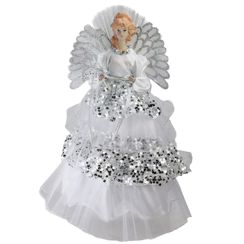 Northlight 16" White and Silver Lighted Fiber Optic Angel Sequined Gown Christmas Tree Topper, 1 of 4