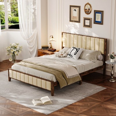FUFU&GAGA Classic Solid Wood Queen Bed Platform Bed: High - Load Capacity & Chic Geometric Design