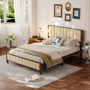 FUFU&GAGA Classic Solid Wood Queen Bed Platform Bed: High - Load Capacity & Chic Geometric Design - 1 of 4