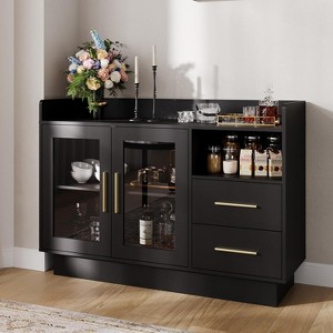 Modern Bar Storage Cabinet with LED Lights & Glass Doors, Coffee Station & Wine Bar Buffet for Kitchen Dining Room Living Room, Anti-Tipping Design - 1 of 4