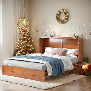 Mjkone Queen Murphy Bed Cabinet with Built-in Charging Station, Drawers, Folding Mattress for Bedroom Guest Room - 1 of 4