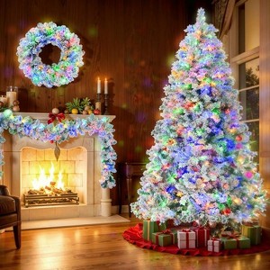 INFURNIC Artificial Trees 6FT Snow Flocked Christmas Tree Set with Garland and Wreath for Holiday Decor, White Green, 45.7"*45.7"*72" - 1 of 4