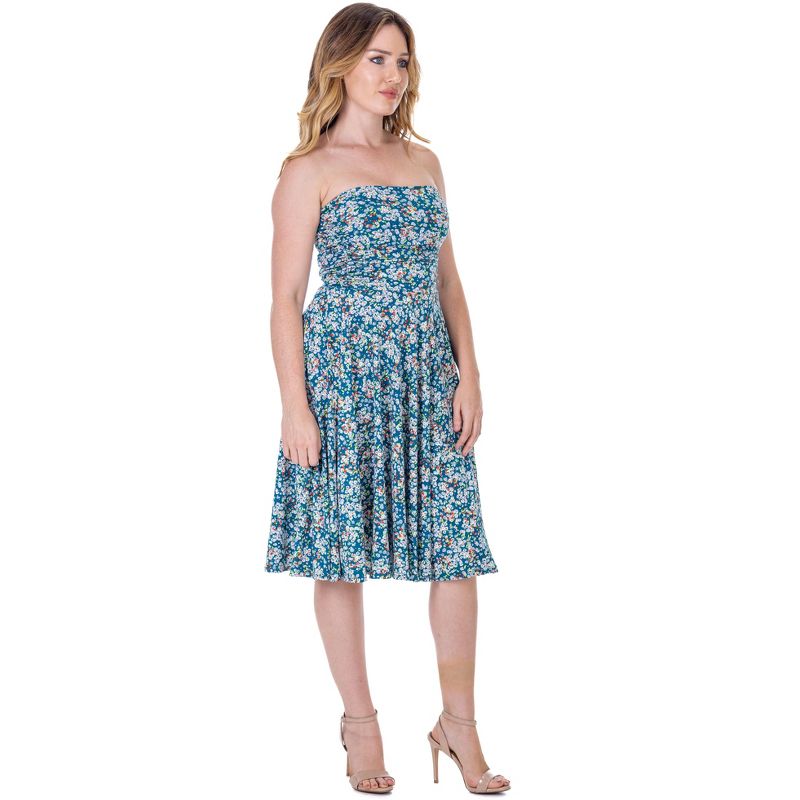 24seven Comfort Apparel Womens Teal Floral Strapless Tube Top Flowy Knee Length Dress, 2 of 8