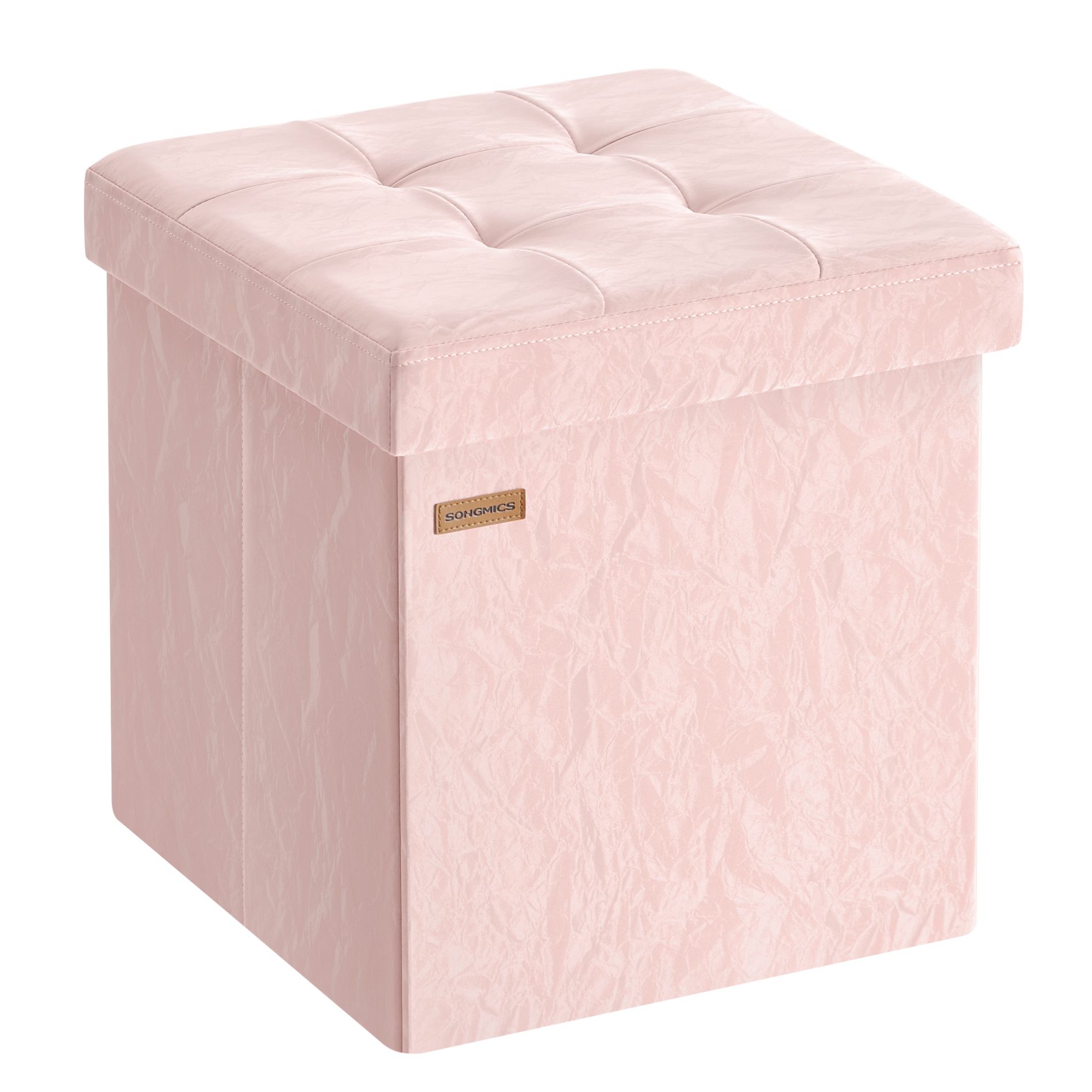 SONGMICS Storage Ottoman, Textured PU Leather Footstool, Foldable Footrest with Cushion, 15 x 15 x 15 Inch, Minota Collection