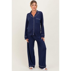 Pinkblush Dark Navy Button Down Top Wide Leg Pant Maternity Pajama Set - 1 of 3