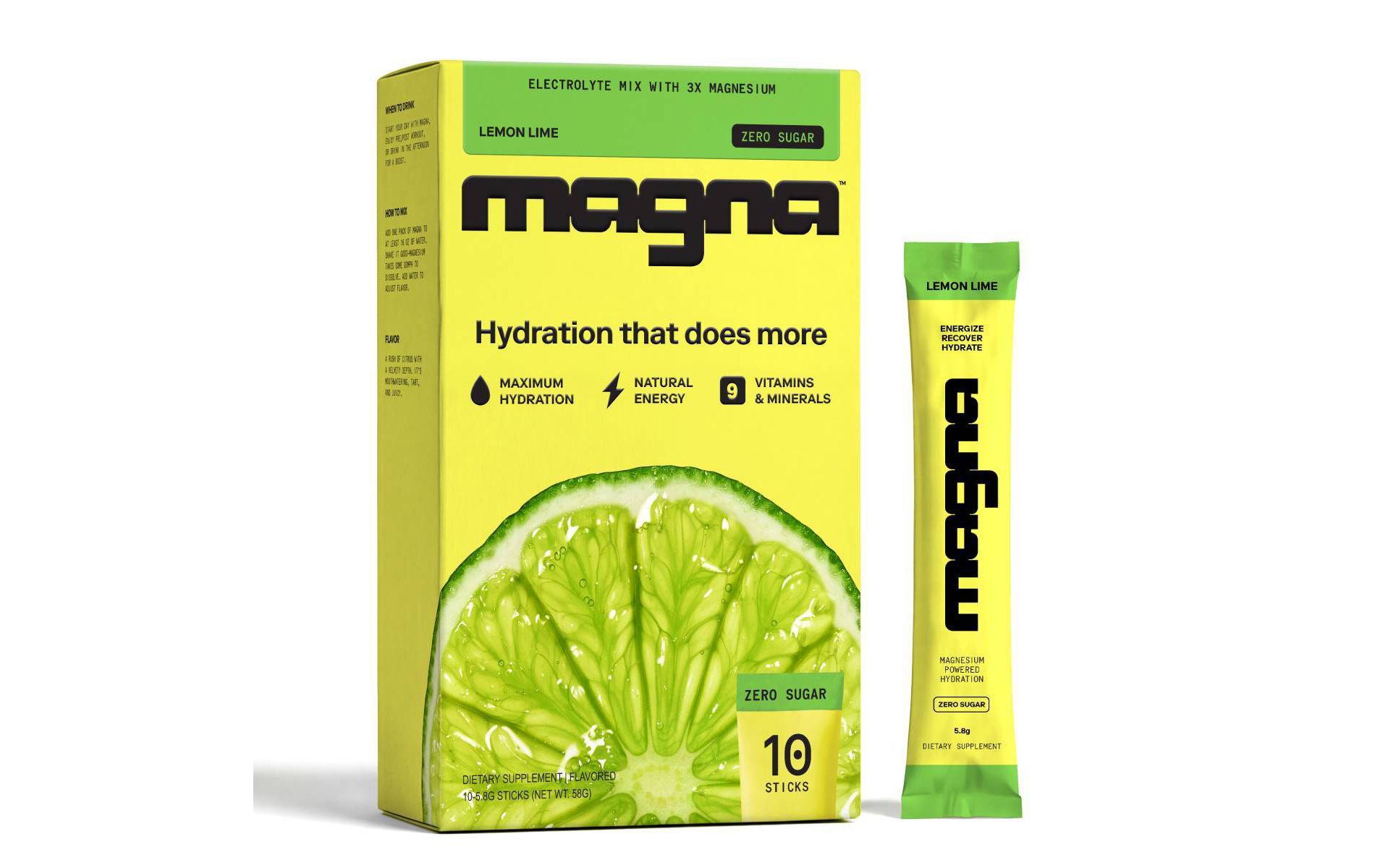 Magna Hydration Electrolyte Mix Stick Pack Dietary Supplement Vegan Powder - Lemon Lime - 10ct: Magnesium 210mg, Sugar-Free, Gluten-Free