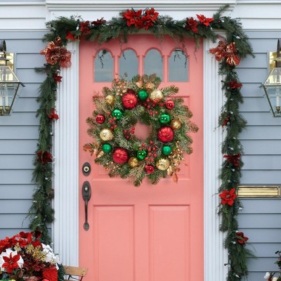 16 Inch Christmas Wreath for Front Door, Artificial Xmas Wreath with Red Green Gold Ball Ornaments 30 Led Lights Battery Operated