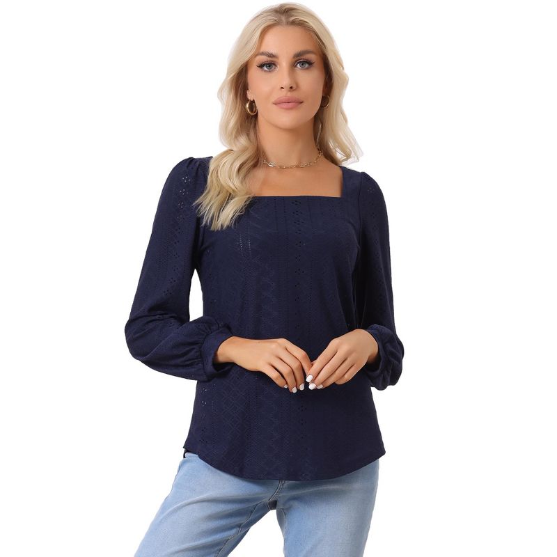 Allegra K Women's Casual Jacquard Hollow Out Square Collar Puff Long Sleeve Pullover Tops, 1 of 6
