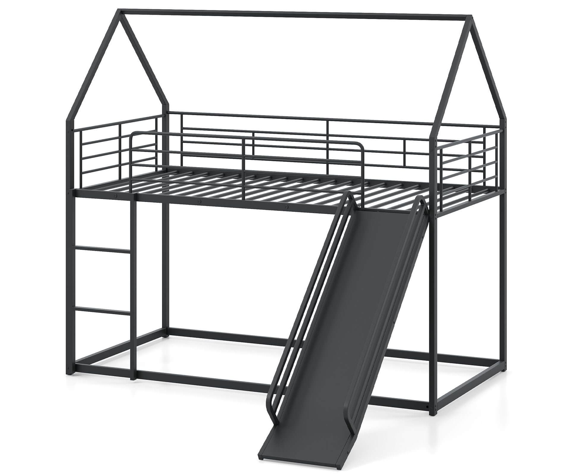 Costway Twin Over Twin Low Bunk Bed House-shaped Metal Bunk Bed Frame with Safety Guardrail