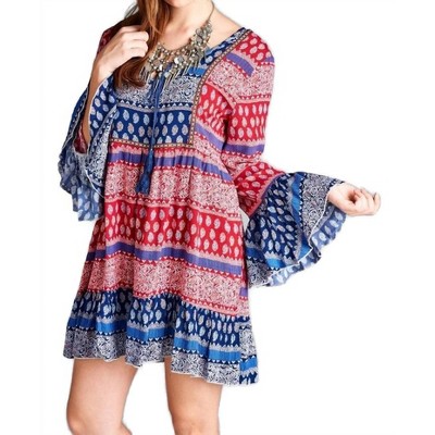 Women's Tassel Tie Bell Sleeve Mini Dress - Velzera