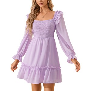 Clearlove Women's Square Neck Lantern Long Sleeve Ruffle Shirred Flowy Party Mini Dress - 1 of 4