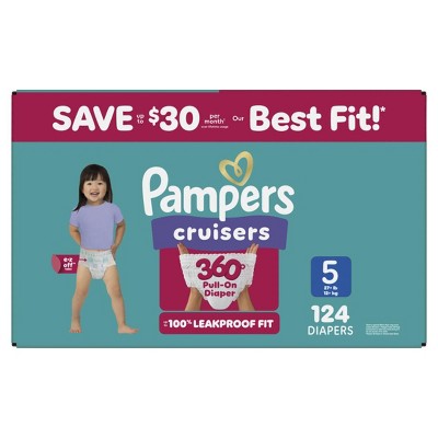 Pampers Cruisers 360 Pull-On Diapers, Size 5 (27+ lbs), 124 Count, Babyproof up to 100% leakproof diaper