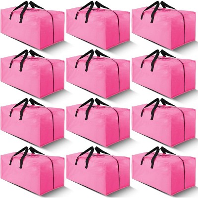 12 Pack Heavy Duty Extra Large Moving Bags with Backpack Straps - Strong Handles & Zippers, Storage Totes For Space Saving, Pink