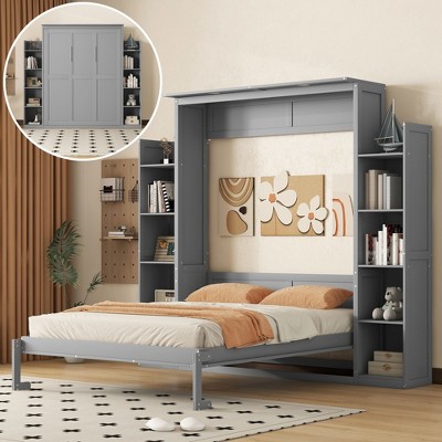 PAGED Modern Wooden Murphy Bed, Queen Size Bed Frame with 10 Shelves and LED Light, Platform Bed for Small Room, Space-Saving