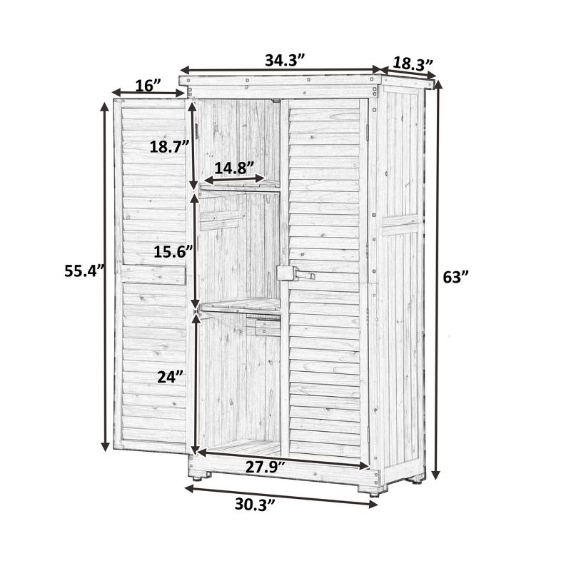 3-tier Patio Fir Wood Storage Cabinet, Outdoor Organizer Wooden Lockers with Shutter Design-ModernLuxe, 3 of 12