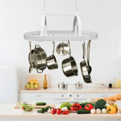 White Metal Elliptical Kitchen Pot Rack with Lights