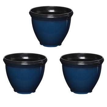 Southern Patio 12 Inch Heritage Outdoor Home Patio Round Glossy Resin Planter Pot for Flowers and Plants, Monaco Blue (3 Pack)