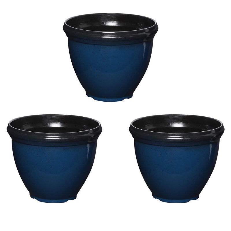 Southern Patio 12 Inch Heritage Outdoor Home Patio Round Glossy Resin Planter Pot for Flowers and Plants, Monaco Blue (3 Pack), 1 of 7