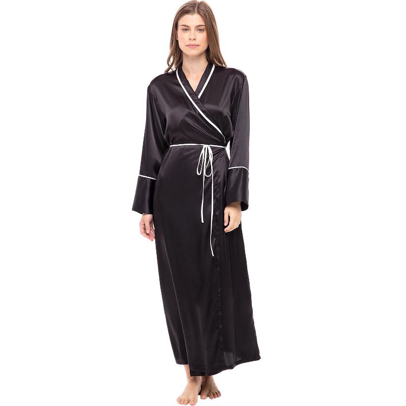 Women's Long Satin Robe with Contrast Piping- Tie Belt, Pockets, Full Length, 1 of 7