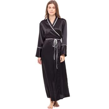 Women's Long Satin Robe with Contrast Piping- Tie Belt, Pockets, Full Length