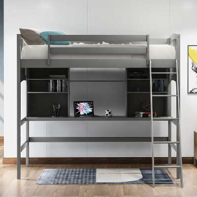 NicBex Twin Size Bunk Bed with Desk Loft Bed Pine Bed Frame with Storage Shelves, Inclined Ladder and Guardrail, No Box Spring Required