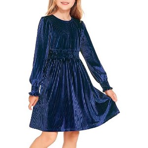 Arshiner Girls Long Sleeve Dress Velvet Crew Neck Midi Fall Vintage Plain Dress for Kids - 1 of 4