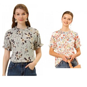 Allegra K Women's Short Sleeve Ruffled Floral Mock Neck Summer Top 2 Pcs - 1 of 4