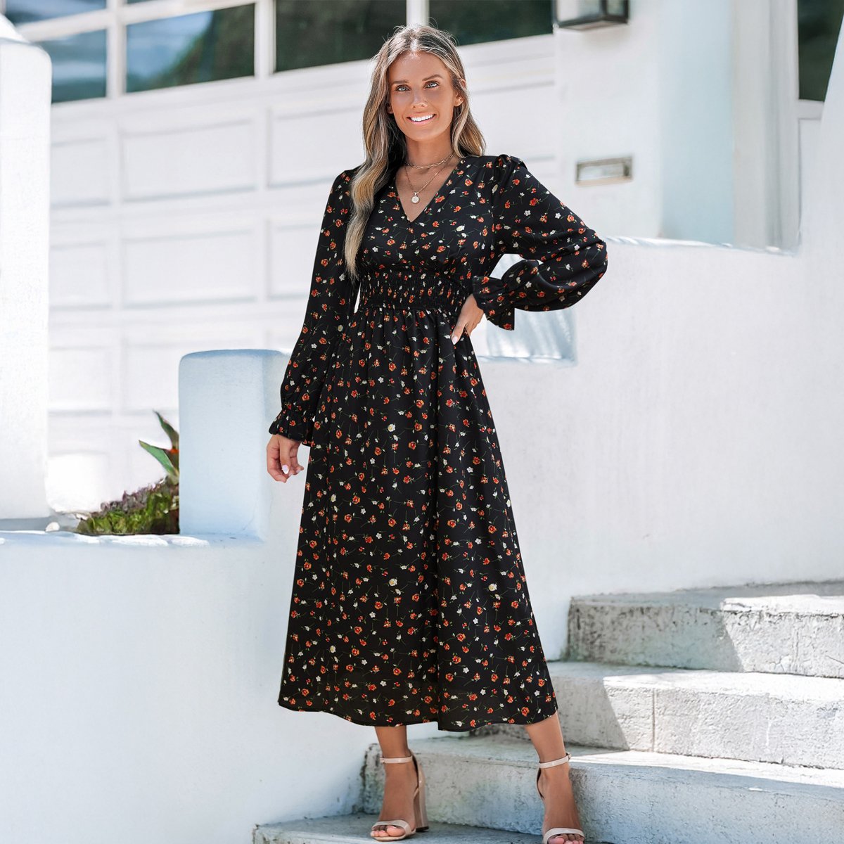 Женские платья Cupshe Women's Floral Print Long Sleeve Maxi Dress-M-Black Floral — фото 2