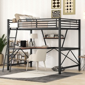 CAVINAS Full Size Loft Bed with Desk Modern Metal Bed Frame with Storage Shelf and Inclined Ladder for Bedroom, Black - 1 of 4