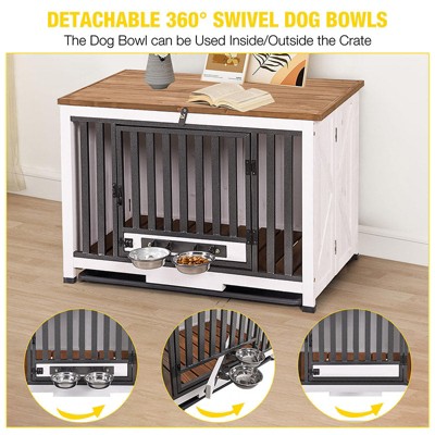 White and Black Wooden Dog Crate with Iron Frame and Feeder