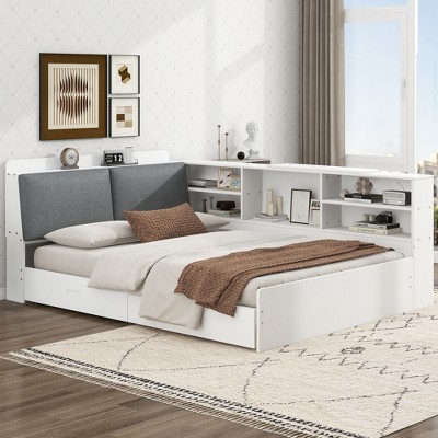 PDTEND Wood Full Size Platform Bed with Storage Headboard, Built-In Shelves & 2-Drawer