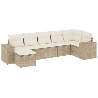 vidaXL 7 Piece Patio Sofa Set with Cushions Poly Rattan - Beige and Cream Without Table