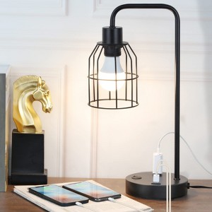 Oumilen Black Metal Nightstand Table Lamp with Cage Shade, USB Ports and AC Outlet - 1 of 1