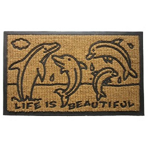 HomeRoots 18" X 30" Brown and Black Rubber And Coir Dolphin Life is Beautiful Outdoor Door Mat - 1 of 4