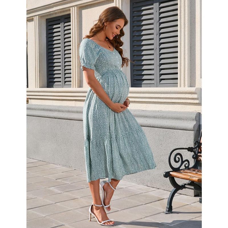 ClearFlower Women's Floral Maternity Dress V Neck Short Puff Sleeve Swing Maxi Dresses Casual for Photoshoot Baby Shower, 3 of 4