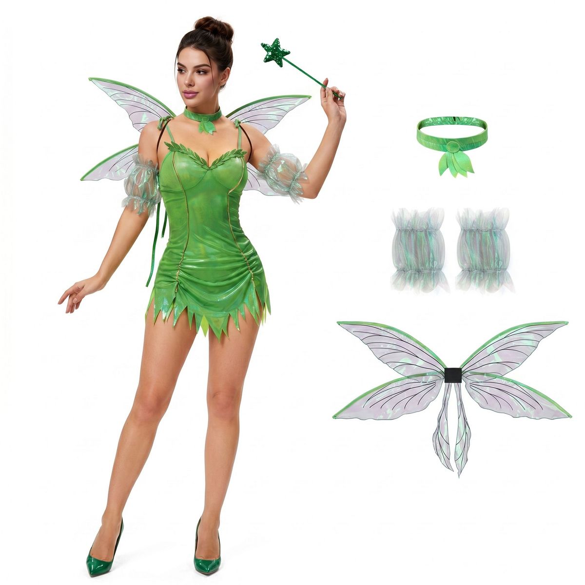 Joyfy Halloween Costume Fairy Dress for Women, Green Pixie Outfit with Wings & Choker – Forest Suit for Adult Dress Up Party - thumbnail 3
