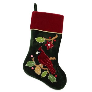 Northlight 20.5" Red and Green Cardinal Embroidered Christmas Stocking - 1 of 3