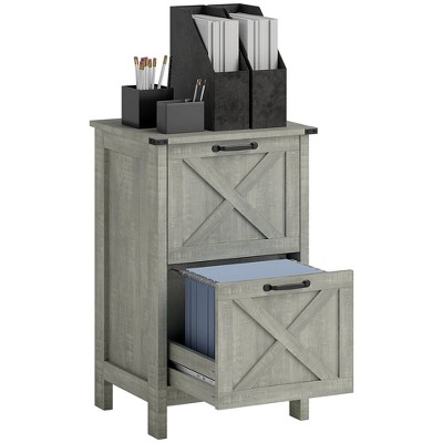 HOMCOM 2 Drawer Vertical File Cabinet with Silent Slides, Farmhouse Filing Cabinet with Barn Doors for A4/Letter Size, Distressed Light Gray
