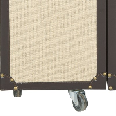 Beige Linen and Vegan Leather Industrial Beverage Cabinet