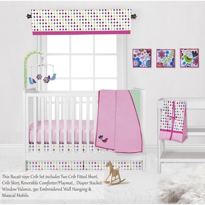 Bacati - Botanical Floral Birds Pink Multicolor 10 pc Crib Bedding Set with 2 Crib Fitted Sheets