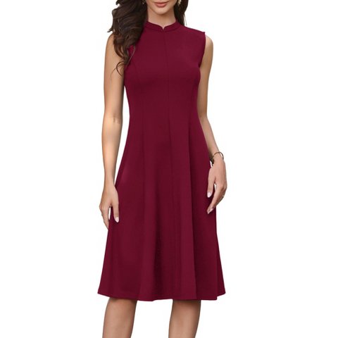 Женские платья INSPIRE CHIC Women's Work Mock Split Neck Sleeveless Casual Elegant A-Line Midi Dresses Small Burgundy