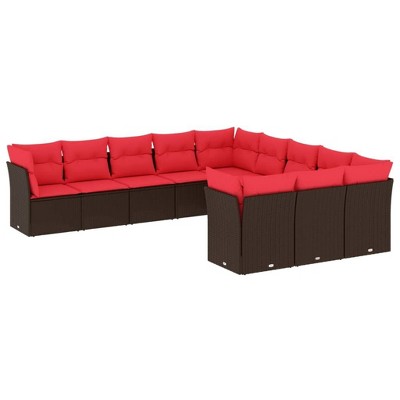 vidaXL 11 Piece Patio Sofa Set with Cushions - Brown and Red Without Table