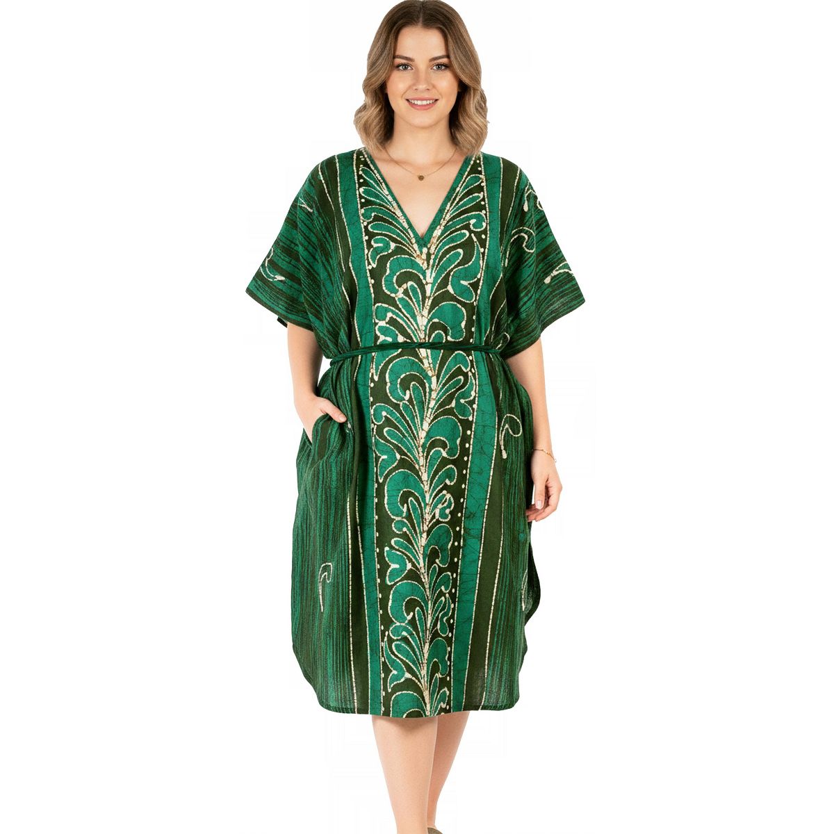 LA LEELA Summer Cotton Vacation Ready Tunic Dress for Women Resortwear Holiday Cruise Pregnancy Wear Beach Cover Up 2X-3X Green Paisley