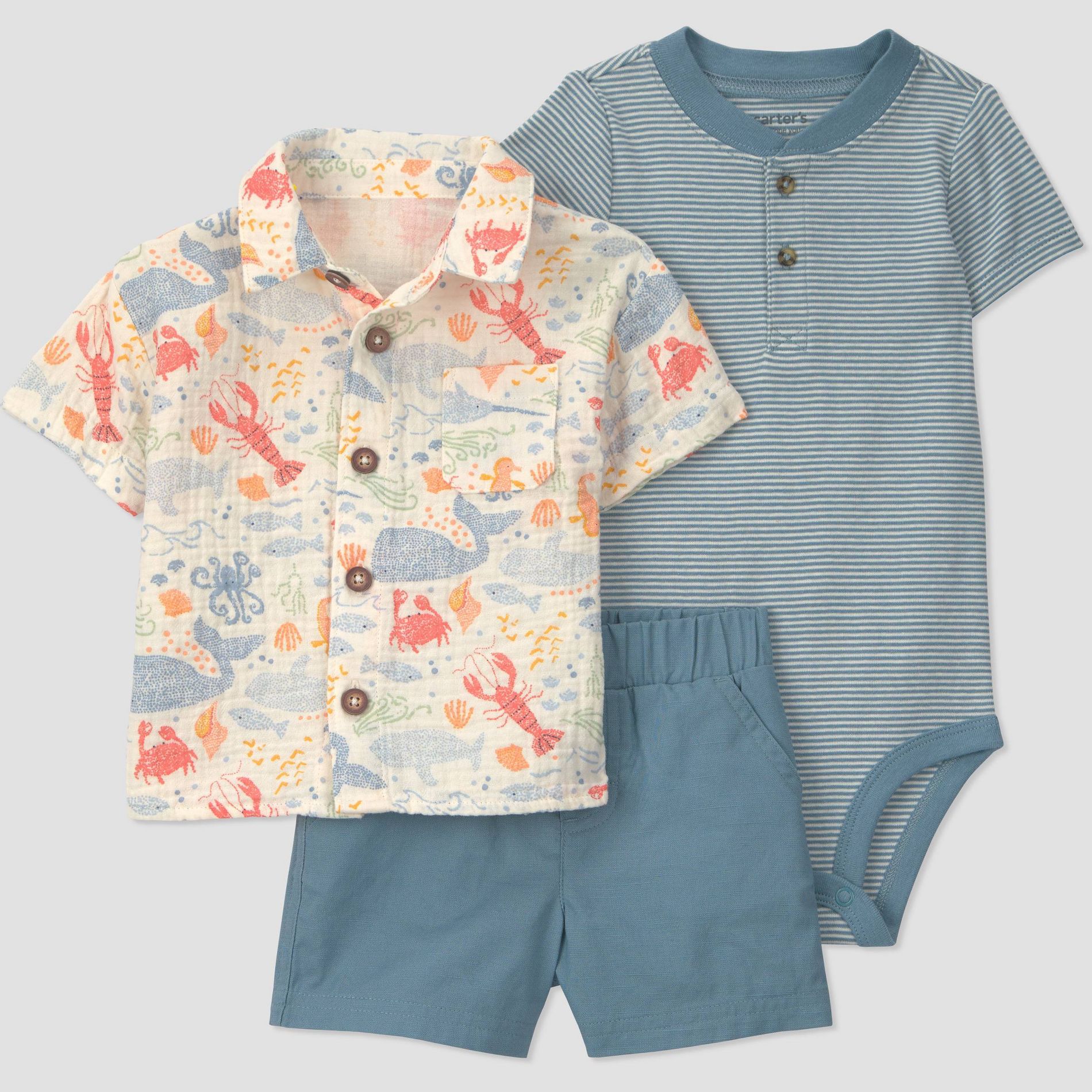 Carter's Just One You® Baby Boys' 3pc Sea Animals T-Shirt with Bodysuit and Shorts Set - Blue/Ivory