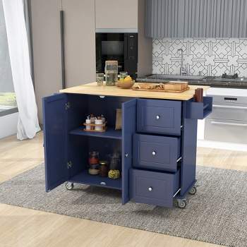 52.7 In. W Mobile Kitchen Island with Drop Leaf Wood Top, Spice Rack and Locking Wheels-ModernLuxe