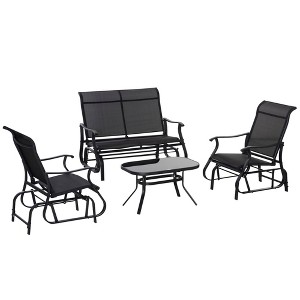 Outsunny 4 Pieces Gliders Set, Outdoor Furniture Sets with 2-Person Glider Patio Bench, Single Sling Chair and Glass Coffee Table, Black - 1 of 4