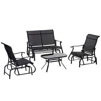 Outsunny 4 Pieces Gliders Set, Outdoor Furniture Sets with 2-Person Glider Patio Bench, Single Sling Chair and Glass Coffee Table, Black