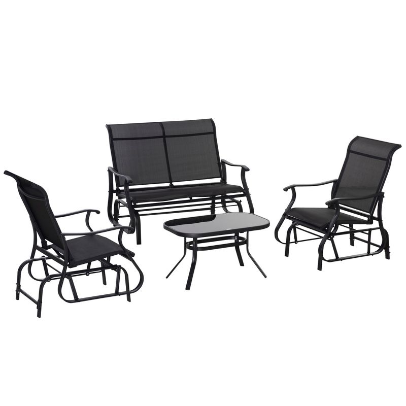 Outsunny 4 Pieces Gliders Set, Outdoor Furniture Sets with 2-Person Glider Patio Bench, Single Sling Chair and Glass Coffee Table, Black, 1 of 7