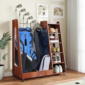 Zevemomo Wooden Golf Bag Organizer and Storage Rack, 2 Golf Bag Storage Rack with Wheels, for Garage, Suitable for Garage Home Golf Club, Brown - 1 of 4